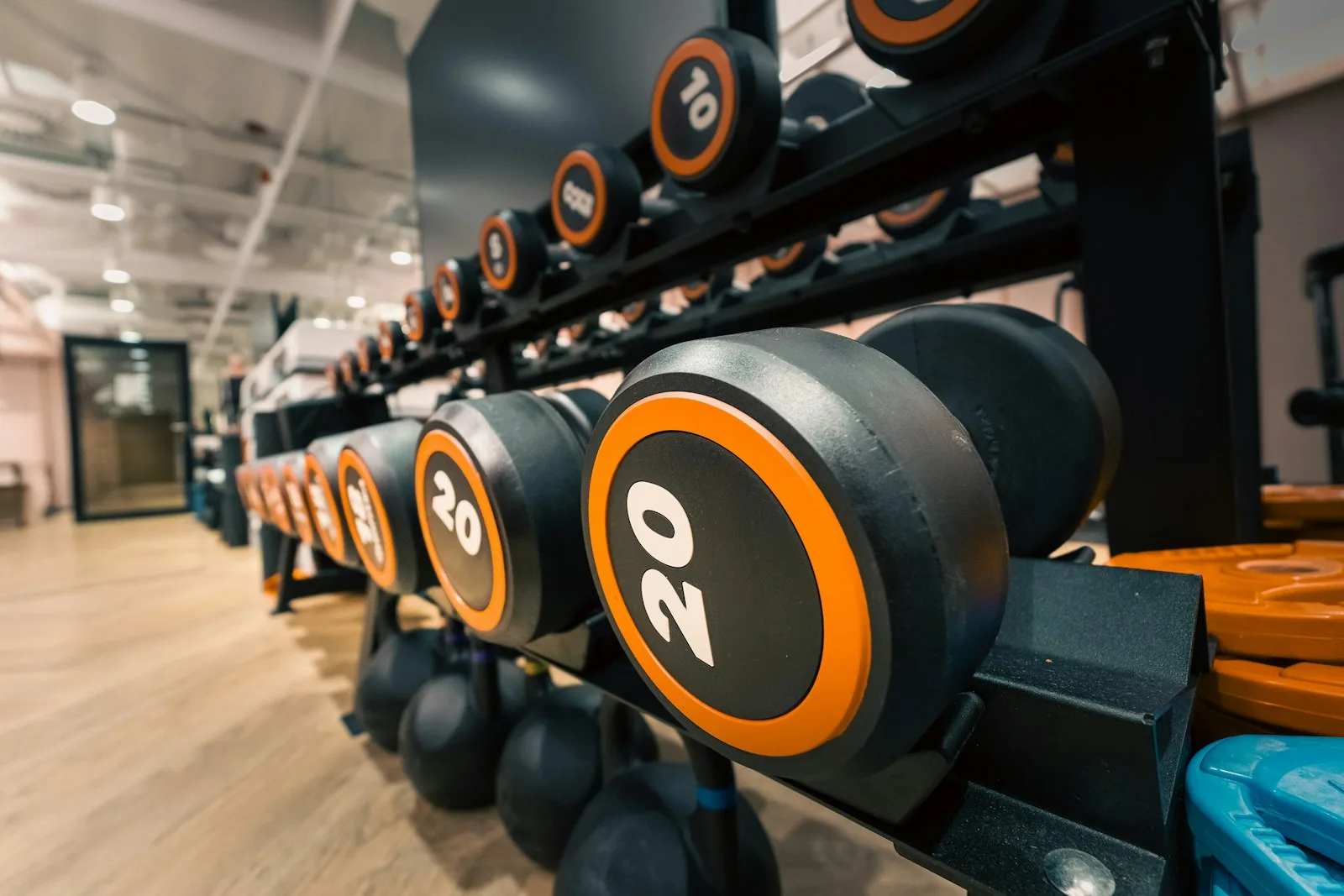 Lege trainingsvloer van een nieuwe sportschool met halters en functional-rig in de ochtend