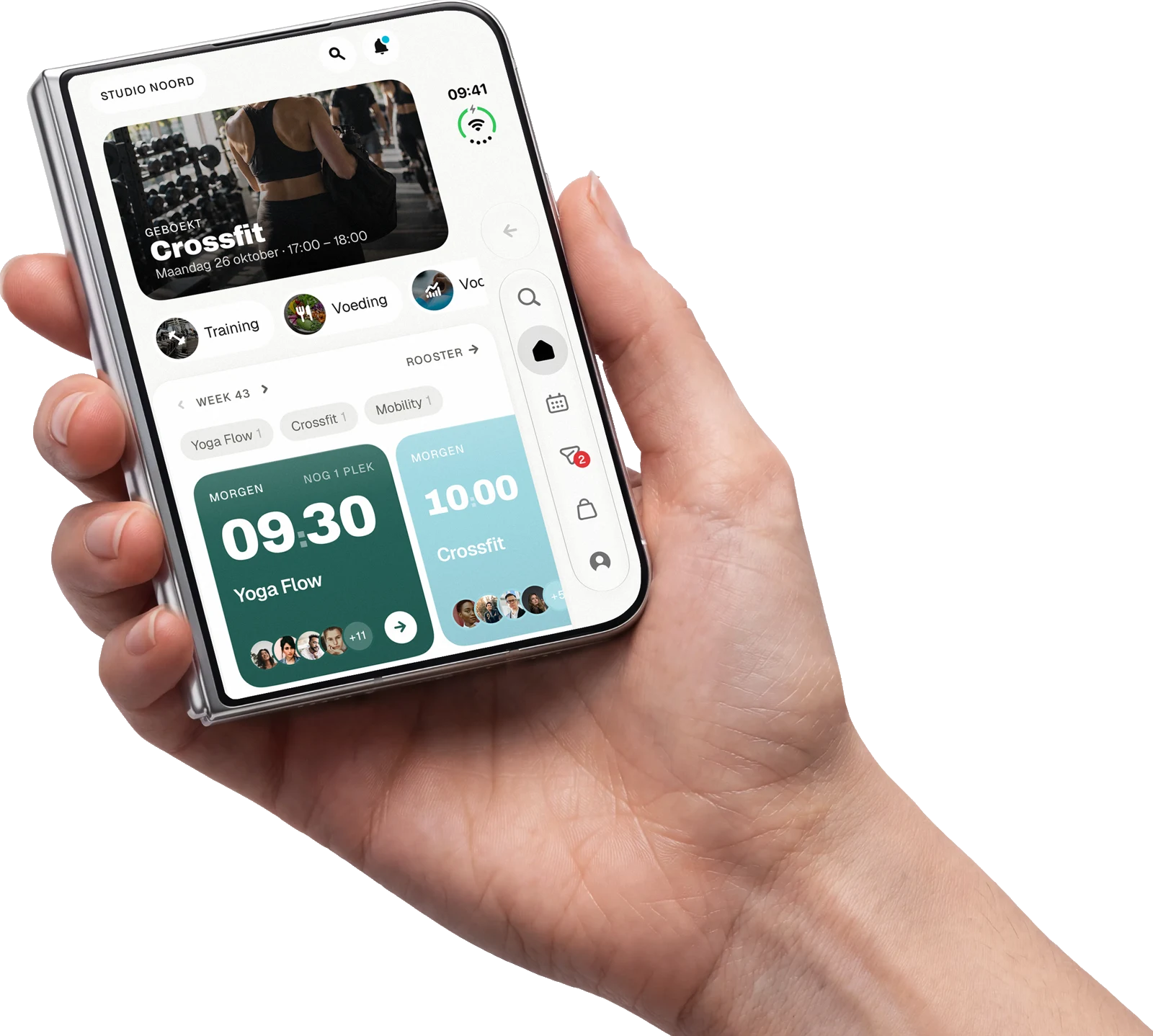 Het thuisscherm van de ledenapp, dichtgeklapt op iPhone Duo